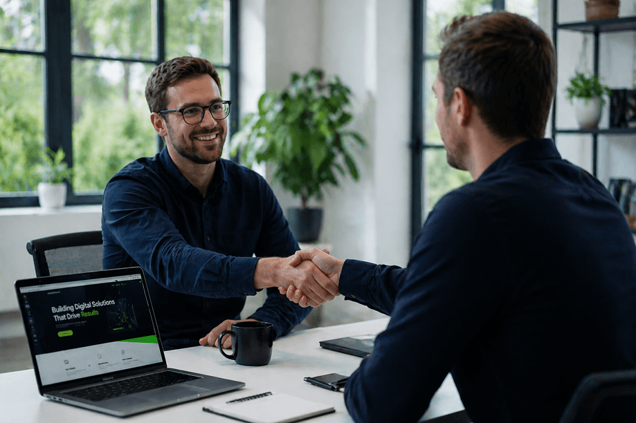 Webbeb founder in a client meeting discussing a new web project